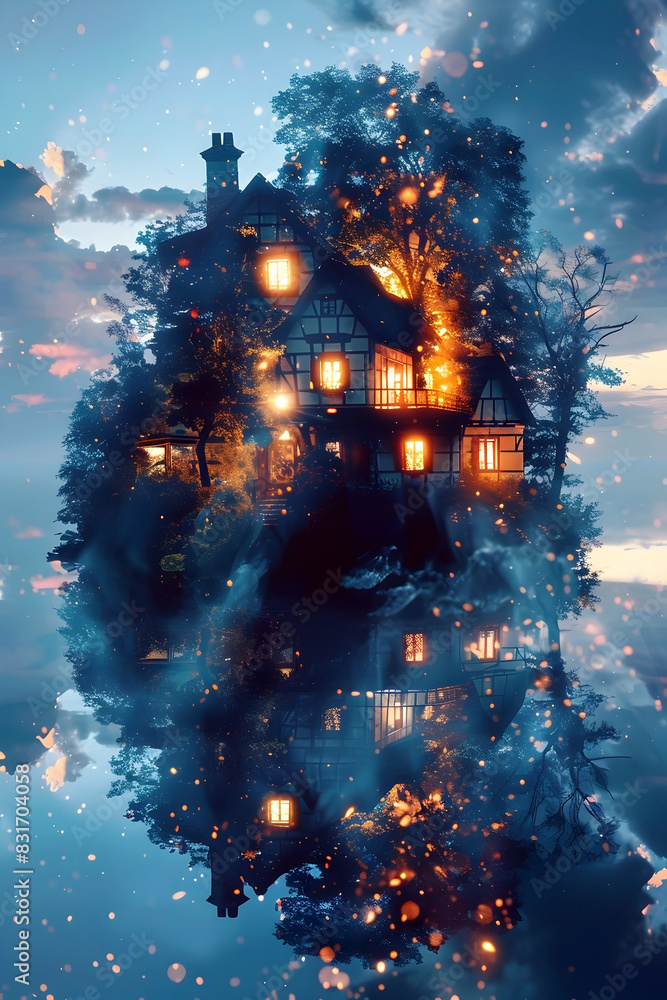 Poster Enchanting Lakeside Dwelling:A Fantastical Fusion of Imagination and Realism