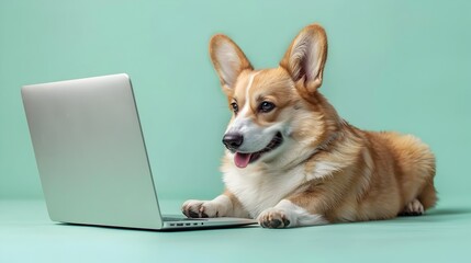 Welsh Corgis Mint Green Workspace A Digital Companion Lying Comfortably by a Laptop