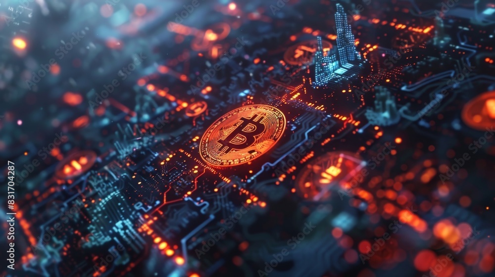 Poster the chaos of the crypto war with abstract symbols of different currencies colliding and intertwining