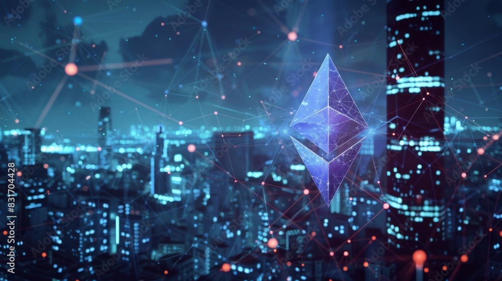 Poster a bustling cityscape of nodes and connections showcasing the growth and development of the ethereum 