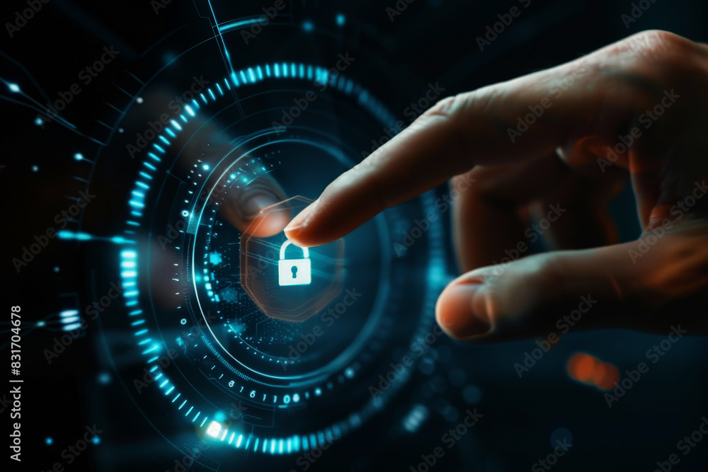 Poster business man hand touching on virtual digital padlock key diagram with media link connecting technol