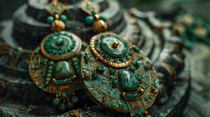 Fototapeta premium Exquisite Mayan Jade Jewelry:Intricate Pendants and Headdresses Showcasing Captivating Geometric Designs and Emerald Hues