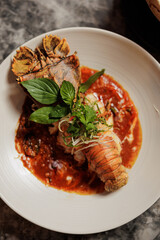 Traditional Thai food on black background, oriental food concept. Top view, flat lay, panorama.