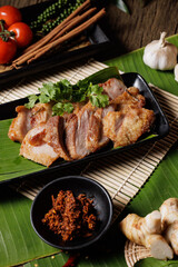 Traditional Thai food on black background, oriental food concept. Top view, flat lay, panorama.