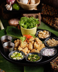 Traditional Thai food on black background, oriental food concept. Top view, flat lay, panorama.