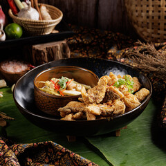 Traditional Thai food on black background, oriental food concept. Top view, flat lay, panorama.
