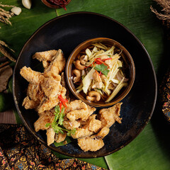 Traditional Thai food on black background, oriental food concept. Top view, flat lay, panorama.