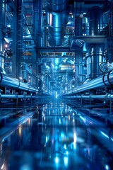Futuristic Blue-Toned Energy and Manufacturing Concept with Sleek Modular Industrial Structures,Pulsing Energy Flows,and Automated Production