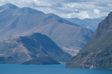 Lake Hawea and Southern Alps mountain range, Hawea, Otago, New Zealand.