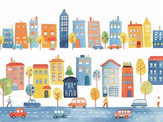 Naklejka premium Busy cityscape with cute cars and buildings