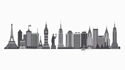 Obraz premium Array of international landmarks in minimalist style iconic and sleek on white