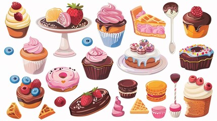 Delightful array of sweet desserts and candies illustrated in charming clipart style