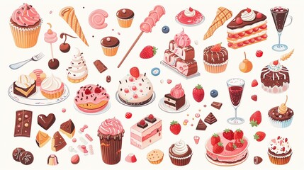 Delightful array of sweet desserts and candies illustrated in charming clipart style