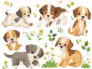 Obraz premium Whimsical clipart of different breeds of playful puppies