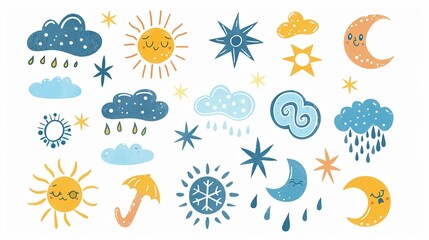 Whimsical weather icons from sun to snowflakes