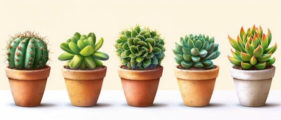 assortment of cactus in flower ceramic pots illustration