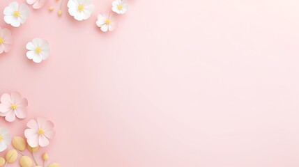 Fototapeta premium Soft pink background with delicate white flowers scattered across the corners, creating a gentle and serene atmosphere for any design needs.