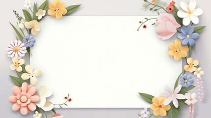 Elegant rectangular floral frame with pastel flowers and leaves on a light background, perfect for invitations or announcements.