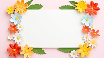 Fototapeta premium Colorful floral frame on pink background with blank white space for text or message, perfect for spring or summer greeting cards.