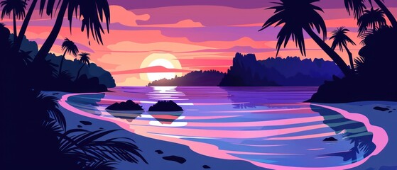 sunset tropical beach illustration withe bold and retro colors