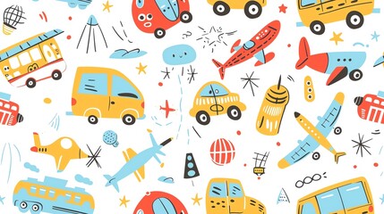 Hand-drawn seamless pattern featuring cute toy cars, trains, and airplanes, perfect for a cheerful and imaginative children's look