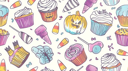 Hand-drawn seamless pattern of pastel-colored Halloween treats, including cupcakes, candy corn, and lollipops, creating a sweet and spooky party theme