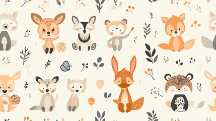 Hand-drawn seamless pattern with cute cartoon animals holding toys, showcasing a sweet and imaginative children's theme