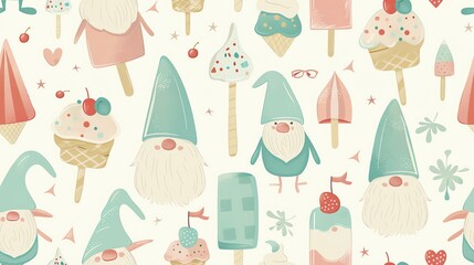 Hand-drawn seamless pattern of pastel-colored leaves, blooming flowers, and deer, creating a fresh and enchanting aesthetic