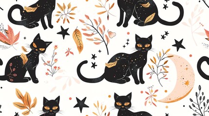 Hand-drawn seamless pattern with Halloween black cats, moon, and stars, creating a charming and mysterious design