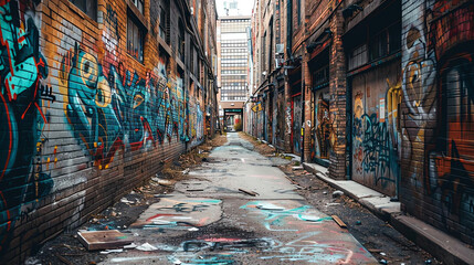 Urban alleyway with graffiti-covered walls and a weathered pathway in a cityscape, representing...