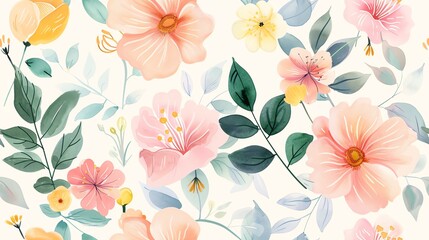 Seamless pattern of flat watercolor pastel-colored leaves and branches, creating a soft and natural design