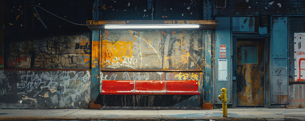 Urban bus stop at night, covered in graffiti. Illuminated by street light with empty red benches....