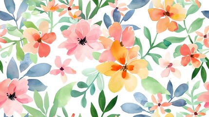 Seamless pattern of flat watercolor pastel-colored leaves and branches, creating a soft and natural design