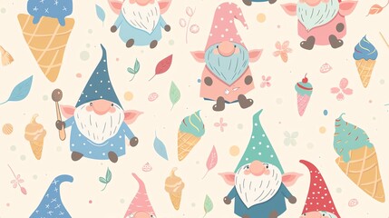Seamless pattern of gnomes with ice cream accessories, like cones and scoops, in hand-drawn pastel colors for a delightful design