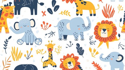 Fototapeta premium Seamless pattern of hand-drawn cartoon animals like lions, elephants, and giraffes, creating a fun and playful design for kids