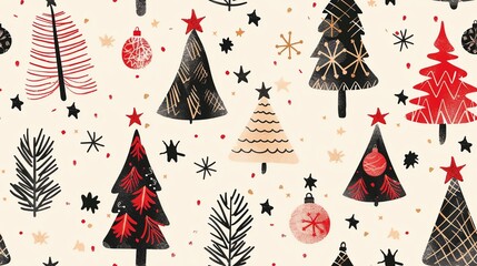 Seamless pattern of hand-drawn Christmas trees and ornaments, creating a festive and whimsical holiday design