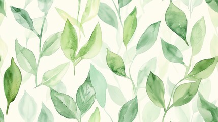 Seamless pattern of watercolor hand-drawn leaves in various shades of green, creating a soft and natural design