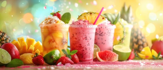 cup of colorful smoothies with fruits, very professional setting on a tropical theme