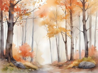 Autumn Forest Landscape Watercolor Art