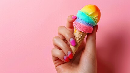 Colorful Ice Cream Cone Held by Hand Against Vibrant Pink Background in Trendy Summer Photo