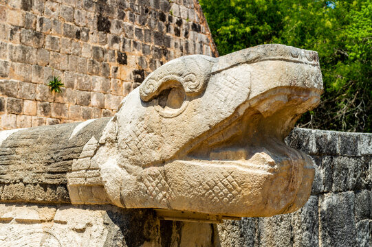 head of maya snake in chichen itza, yucatan, mexico 