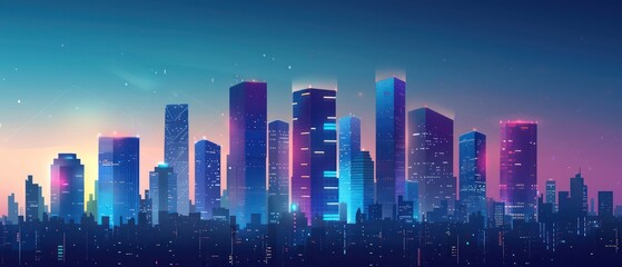 modern cityscape wallpaper at dusk with skyscrapers, some illustrated sleek graphics and artistic composition