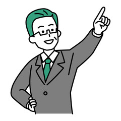 遠くを指差す中年のスーツの男性