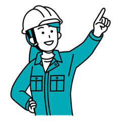 遠くを指差す作業員の女性