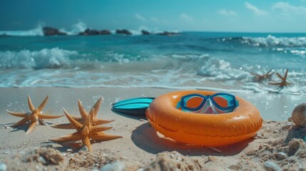 Vibrant Tropical Beach Scene with Starfish, Swim Gear, and Sunny Skies