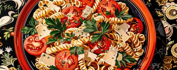 rotini pasta banner flavoured with fresh parmesan cheese, tomatoes, parsley and others healthy ingredients, professional setting