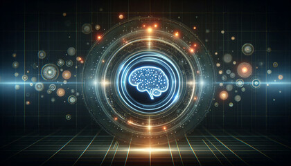 Obraz premium Holographic illustration of an AI brain surrounded by floating digital rings