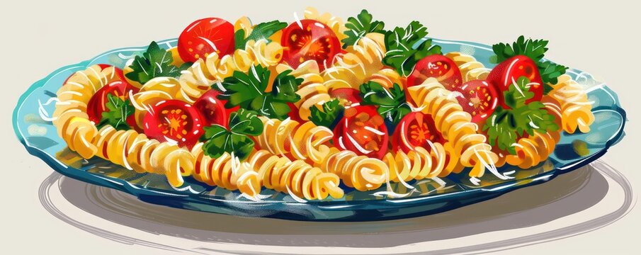 rotini pasta banner flavoured with fresh parmesan cheese, tomatoes, parsley and others healthy ingredients, professional setting