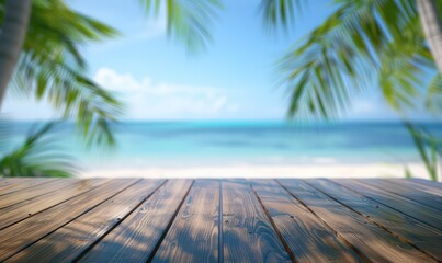 wooden table in the lower foreground with a blurred tropical beach scene in the background