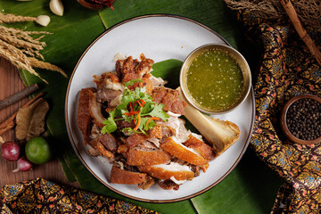 Traditional Thai food on black background, oriental food concept. Top view, flat lay, panorama.